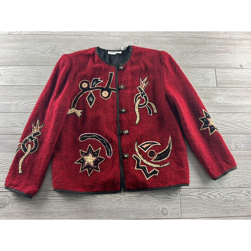 Draper's & Damon's Beaded Embroidered Cardigan Button Up Red Shoulder Pads Large